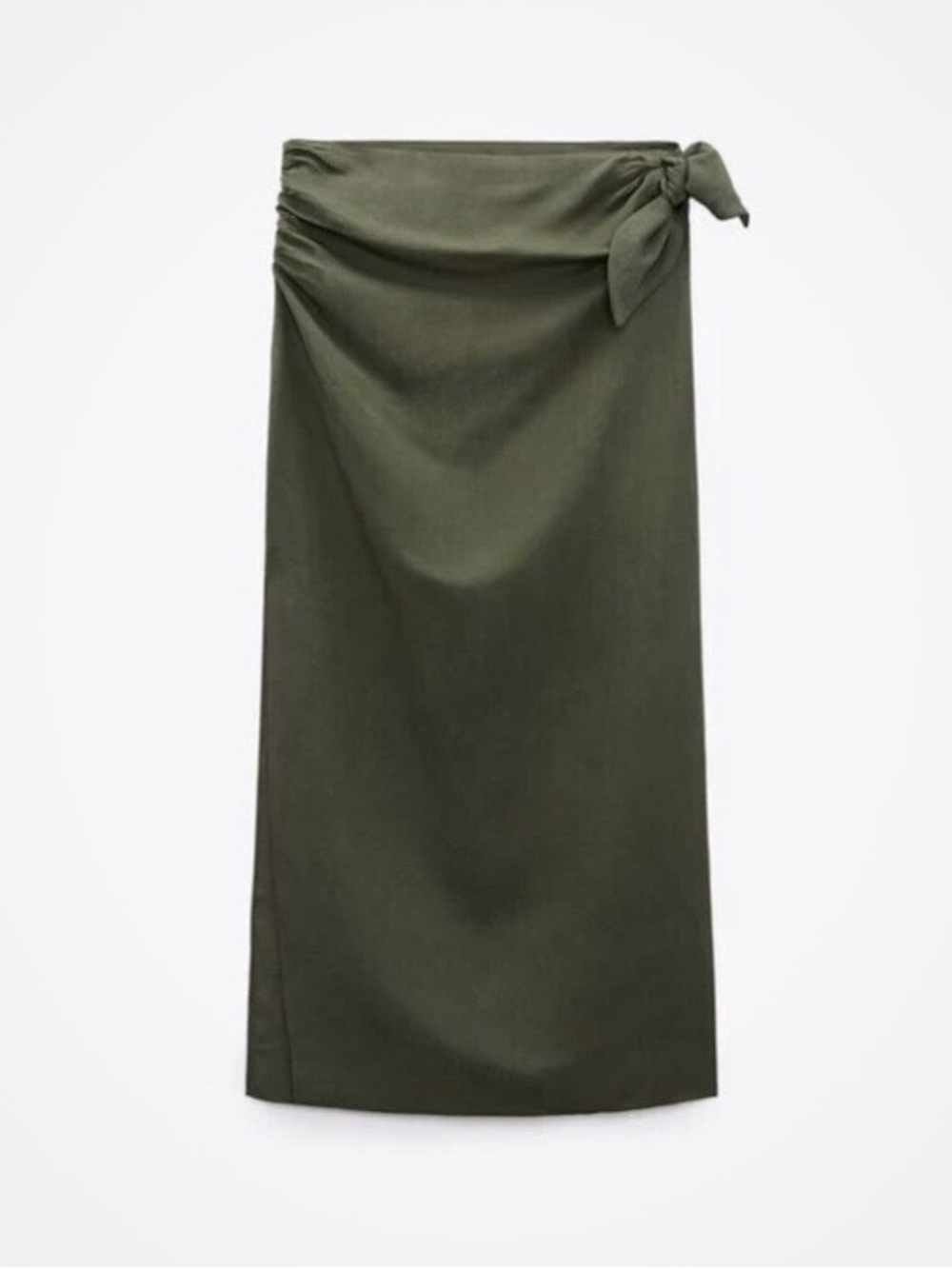 Zara Linen Blend Olive Green Maxi Skirt with Side Tie